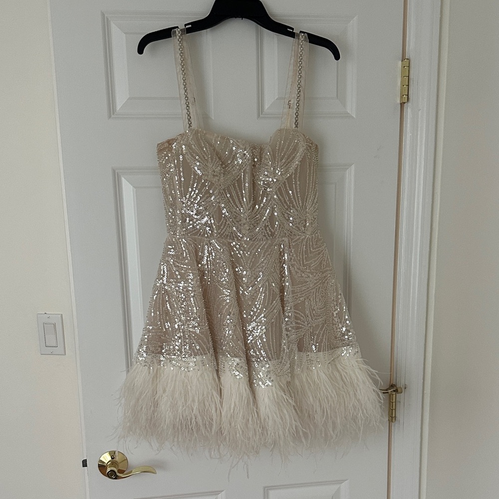 Bronx and Banco Champagne Sequin Mini Dress with Feather Trim